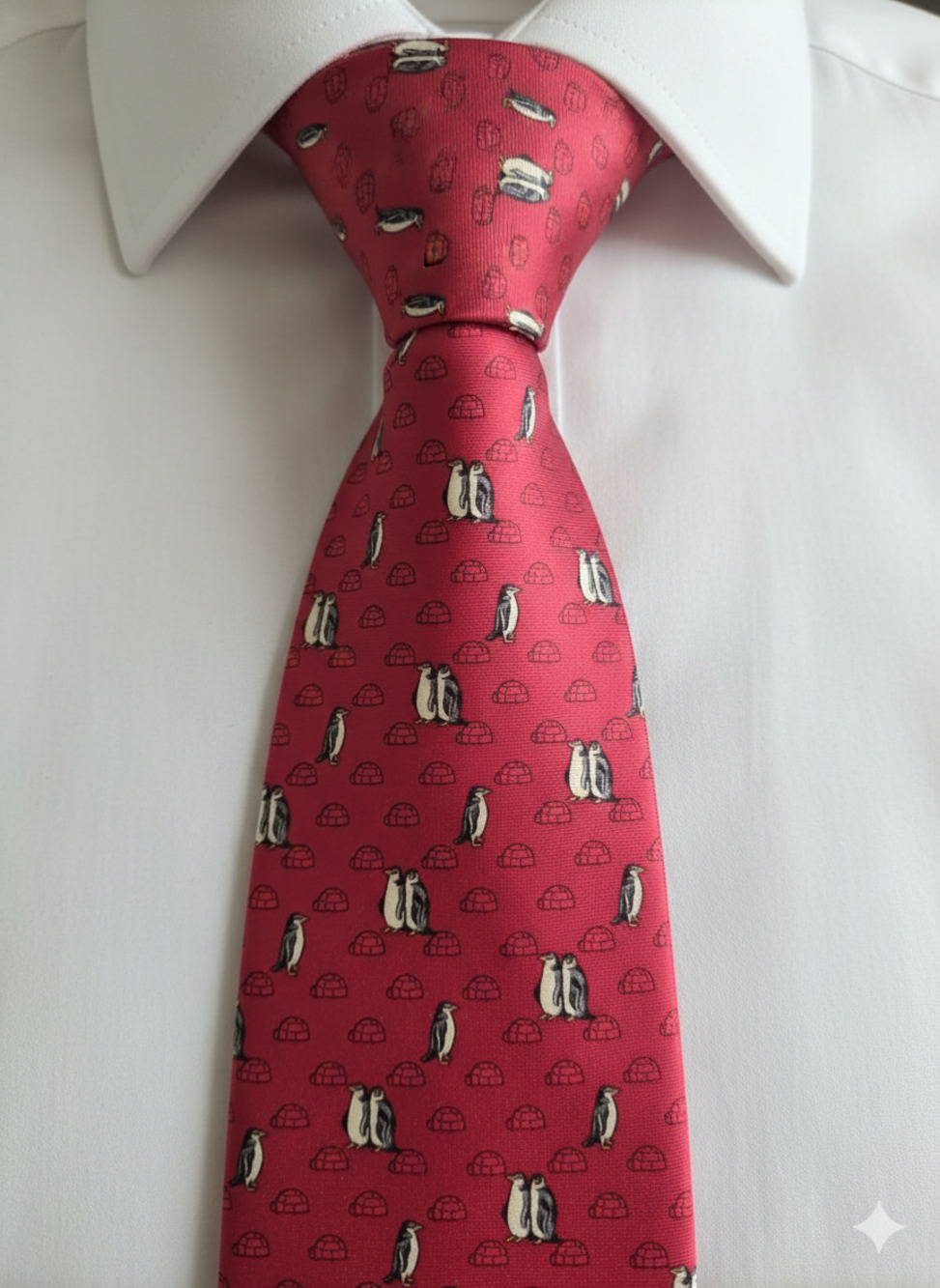 Tommy Hilfiger red white penguin igloo silk tie - 57.5" - office corpcore